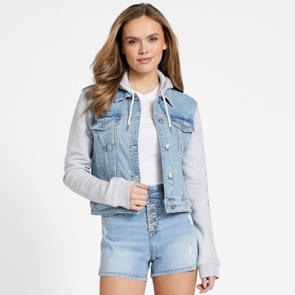 GUESS Light Blue Denim Jacket with Gray Sleeves And Removable Hood